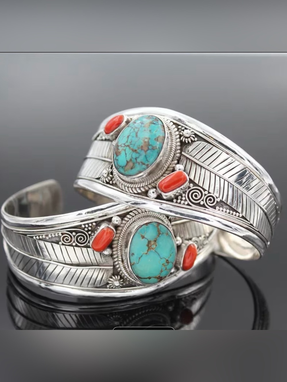 Silver tone Cuff Bangle Bracelet with Turquoise and Coral Accents - Picture 4 of 4